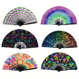 Folding Fan Bright Color Rainbow Starry Sky Color Glow In The Dark Festival Performance Party Supplies Hand Fan Xmas Dance Fan