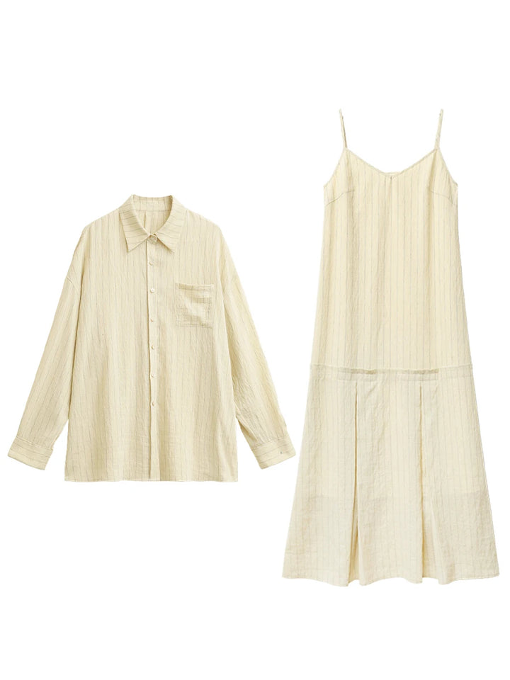 CHIC VEN Women Dress Sets Stripe Shirt Loose Casual Long Sleeve Sunscreen Blouses Camisole V-neck Dresses Spring Autumn 2025