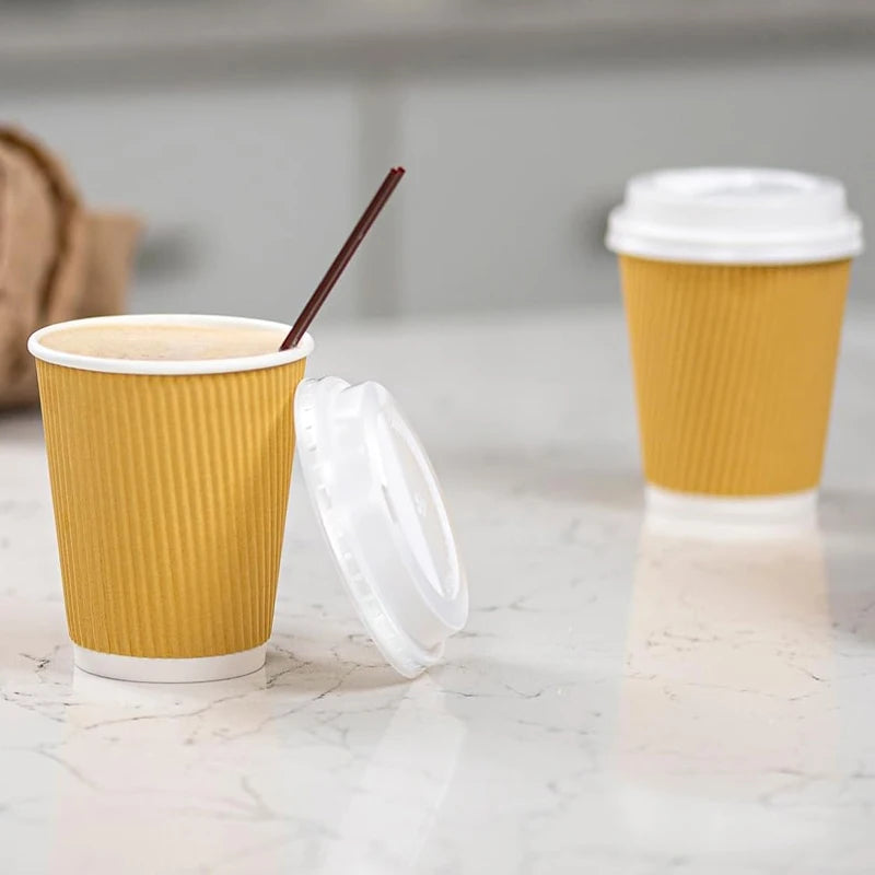 30pack Yellow Ripple Coffee Paper Cups 8oz Disposable Coffee Cups With Lids for Cold/Hot Beverages Travel Office Paper Cups