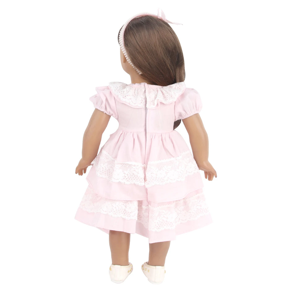Pink Color Princess Doll Dress for American 18 Inch Girl Dolls, Lace Skirt and Hairband, Cute, 43cm Baby, New, OG Russia Dolls