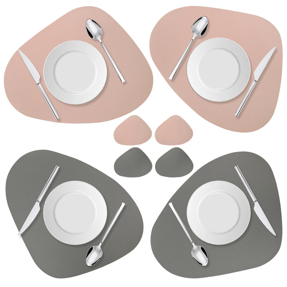 Double Sided Anti Slip PU Pad Table Mat with Coaster Oil-Proof Waterproof Leather Placemat Kitchen Dinner Coffee Tables Mats