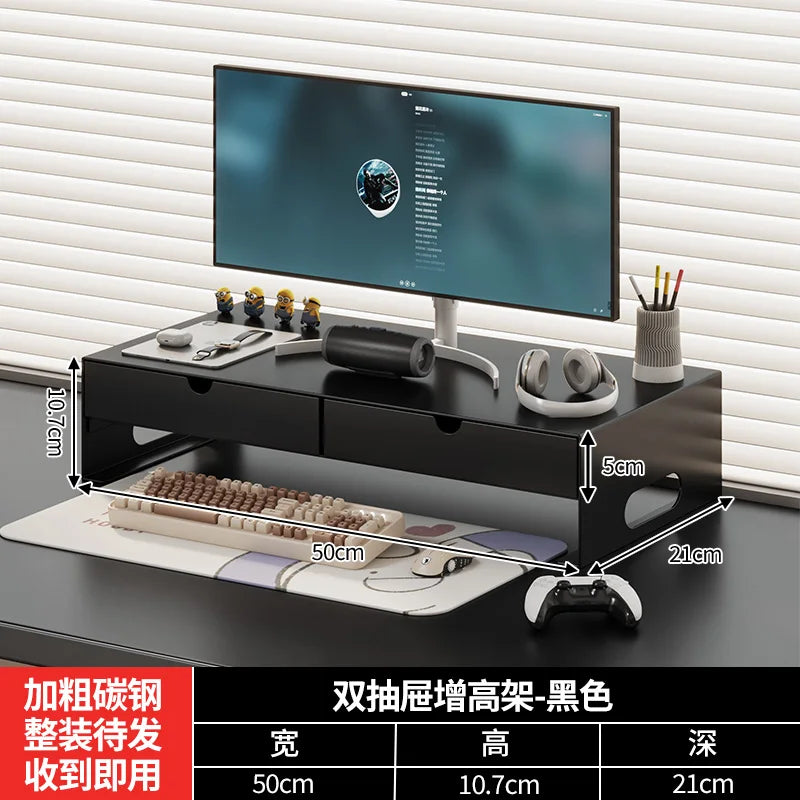 Carbon Steel Monitor Stand with Drawer Desktop Riser Shelf for Computer Office Desk Organizer Ergonomic Workspace Solution