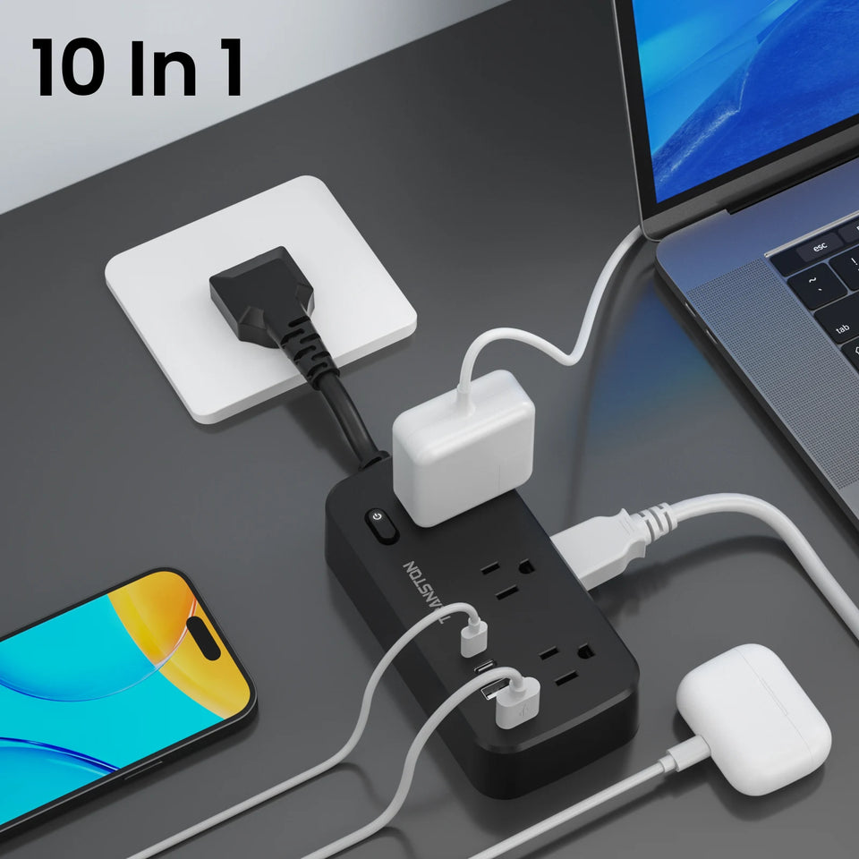 black-power strip surge protector with 6 AC Outlets,2 USB & 2 USB-C Fast Charging Ports,10 in 1,45°tilt plug,Advanced Protection