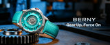 BERNY Automatic Men's Skeleton Watch 5ATM Luminous Sapphire Exhibition 3D Dial 316L Steel MIYOTA 82S0 Mechanical Watches for Men