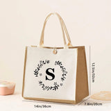 Large Capacity Ladies Tote Bag, Letter Printing Faux Linen Button Handbag, Portable Travel Storage Travel Bag