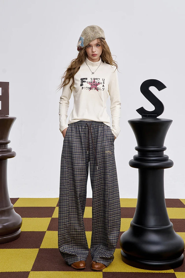 ELFSACK 2025 Winter New Arrivals Casual Loose Embroidered Plaid Long Pants For Woman