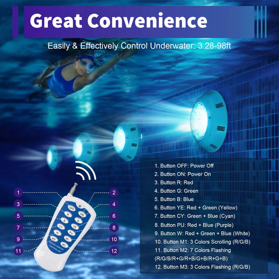45W & 36W RGB LED Pool Light IP68 Waterproof 460/360 LEDs 2500/3600lm Remote Control for Swimming Pool Fountain Pond