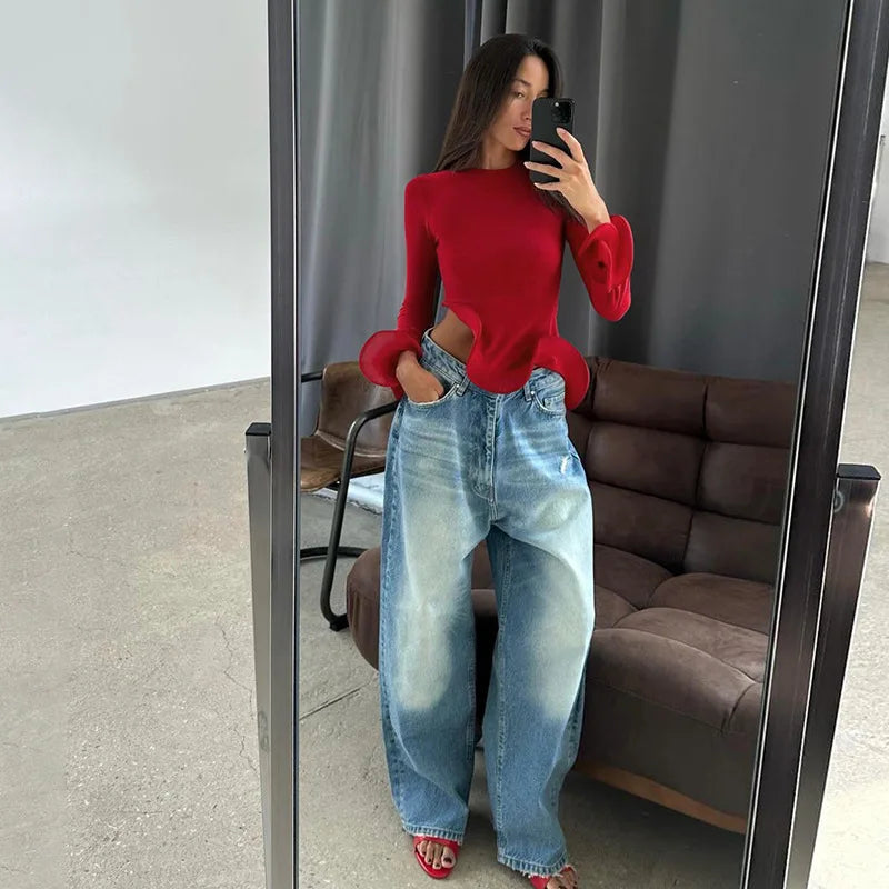 Shestyle Red Asymmetrical Ruffles T-Shirts Women Iron Shape Crew Neck Autumn Glowing Flare Sleeve Crop Tops New Arrivals Tees