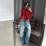 Shestyle Red Asymmetrical Ruffles T-Shirts Women Iron Shape Crew Neck Autumn Glowing Flare Sleeve Crop Tops New Arrivals Tees
