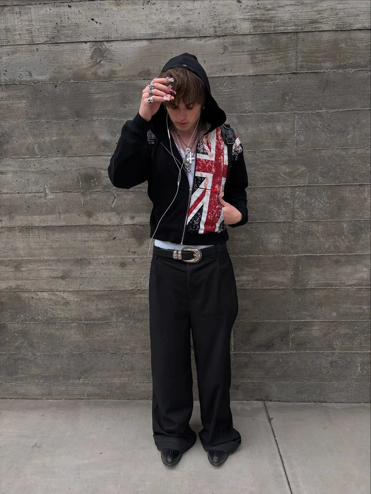 British flag printed cardigan hooded fashionable solid color oversized sweatshirt Y2K Harajuku Hip Hop Gothic casual clothes