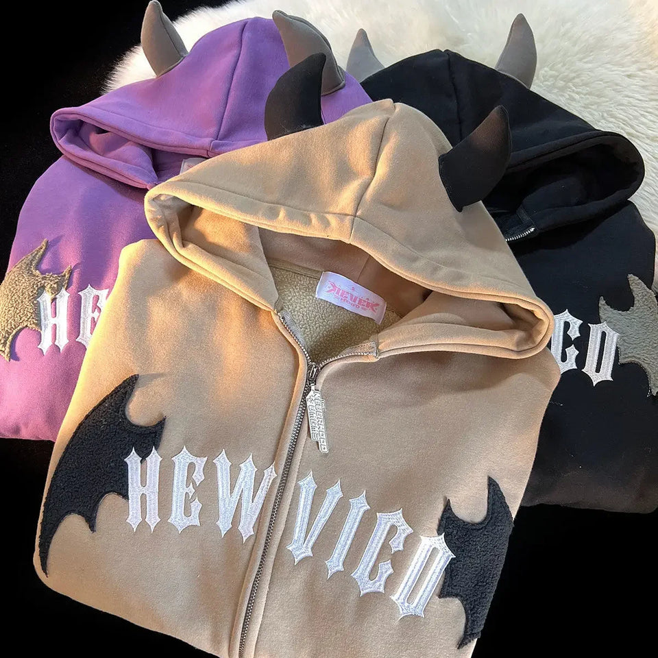 American Retro Little Devil Embroidered Zipper Hoodie Women Y2K Street Fashion Trend Joker Sweatshirt Couple Casual Loose Hoodie