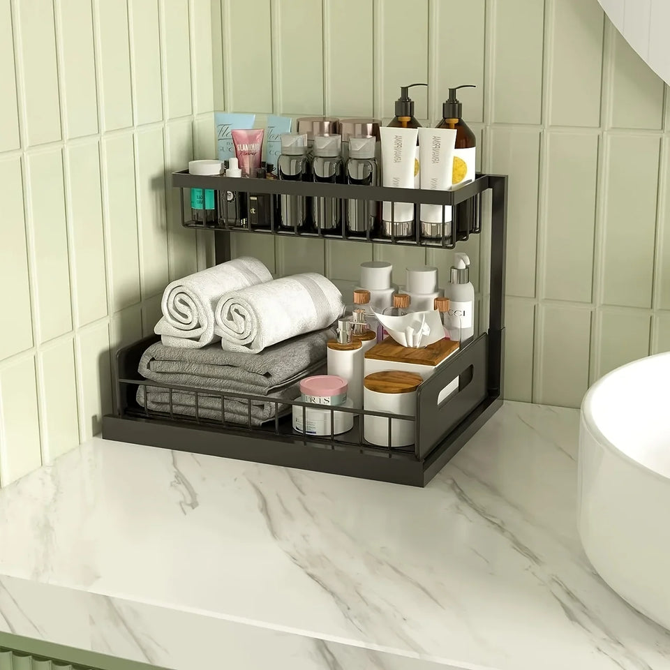 Organizer for Under The Sink on The Second Floor Featuring Sliding Drawers,Versatile Storage Rack for Bathrooms, Kitchens