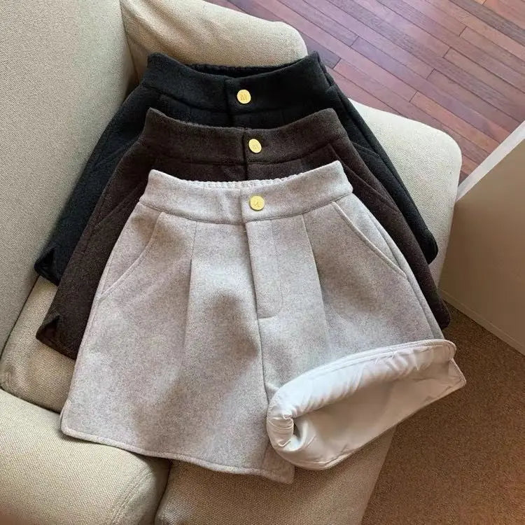 2024 Autumn Winter New Thick Woolen Shorts Korean Loose High Waisted Split Wide Leg Pants Casual Outerwear Boots Pants Women