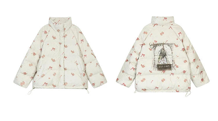 ELFSACK 2025 Winter New Arrivals Y2K Sweet Cute Solid Rose Bow Graphic Hoodless Half High Stand Collar Short Down Jacket For Wom