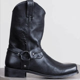 Retro Cowboy Boots Women Men Mid Calf Outdoor Boots Vintage PU Slip on Shoes Winter Gladiator Booties Unisex Brown Long Boots