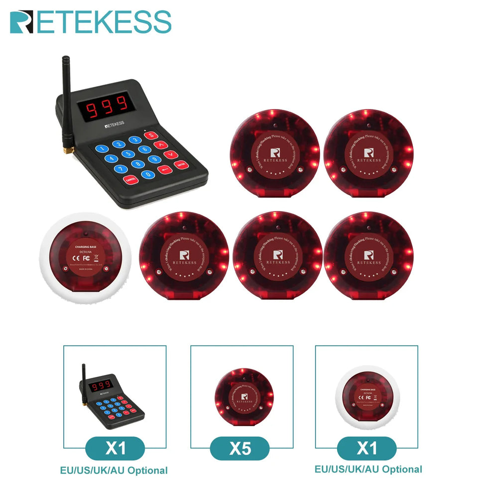 RETEKESS T119 Wireless Restaurant Paging System Coaster Vibrater Buzzer Receiver 2-Way Charge for Cafe Food Trucks