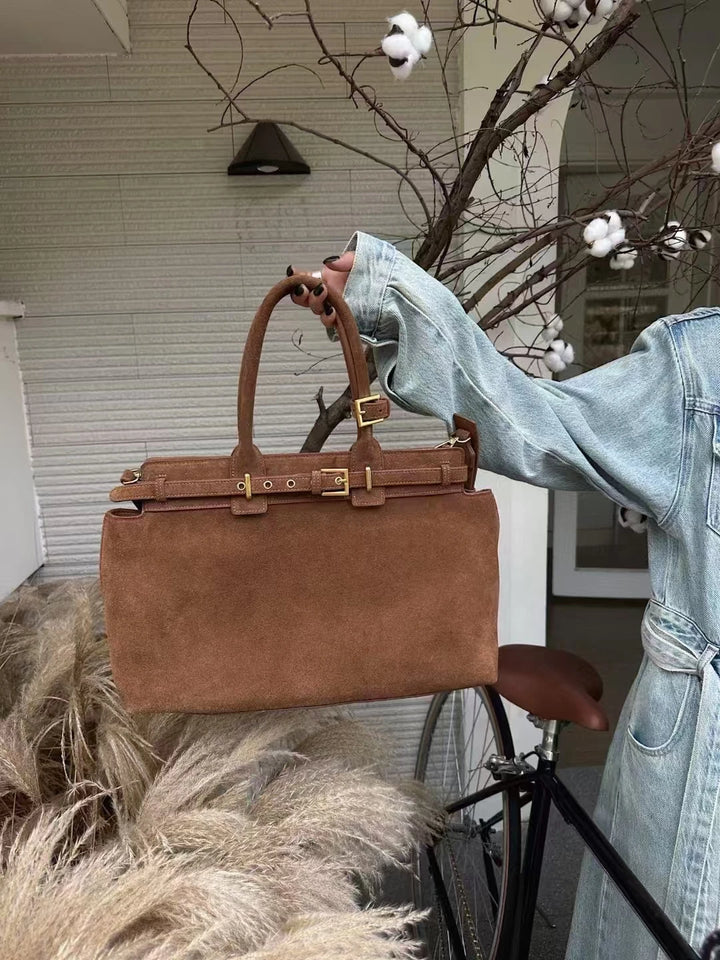 Winter Matte Coffee Camel Grey Large Tote Russian Style Real Suede Cow Leather Women Handbag Nubuck Commuter Office Shoulder Bag
