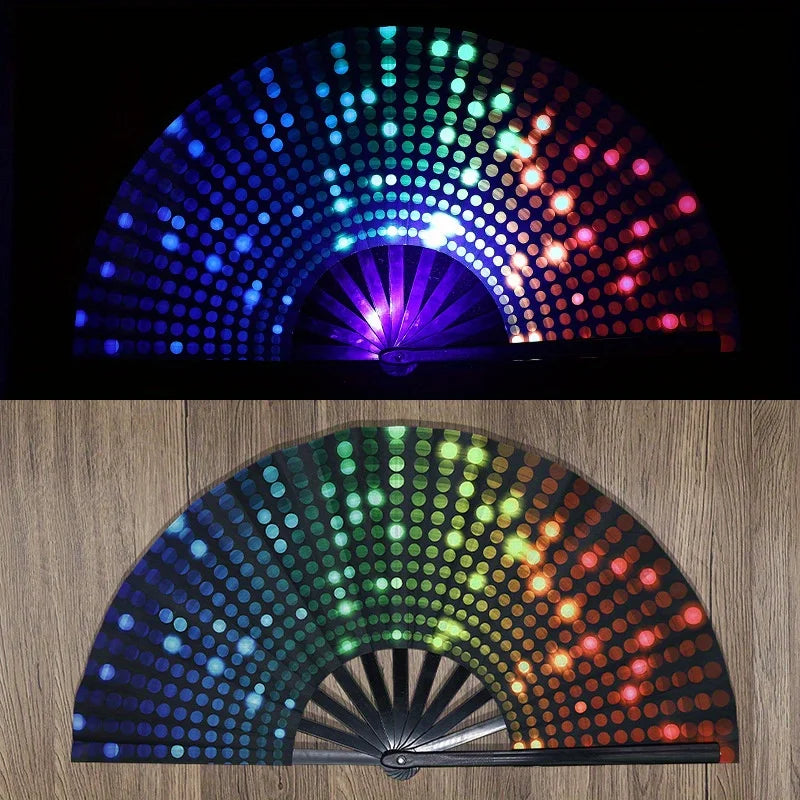 Folding Fan Bright Color Rainbow Starry Sky Color Glow In The Dark Festival Performance Party Supplies Hand Fan Xmas Dance Fan