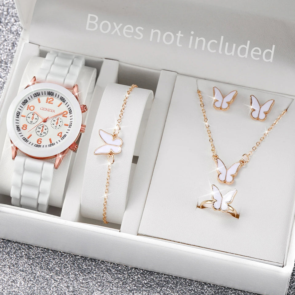 5/6PCS Women's Watch Casual Silicone Band Quartz Watches Butterfly Jewelry Set(Without Box)