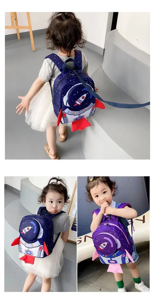 Childrens Anti Slip Backpack 1-3Years Old Space Rocket Towing Rope Kindergarten Backpack Childrens Early Education Bag New Model