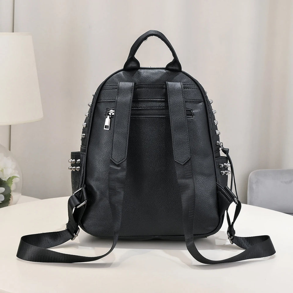 Jierotyx Goth Skull Embossed Backpack for Women Halloween Studded Decor Daypack Punk Style PU Leather Bag Fashion Rivet Travel