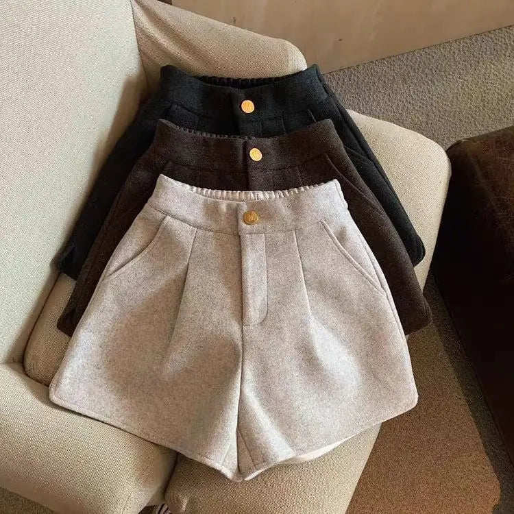 2024 Autumn Winter New Thick Woolen Shorts Korean Loose High Waisted Split Wide Leg Pants Casual Outerwear Boots Pants Women