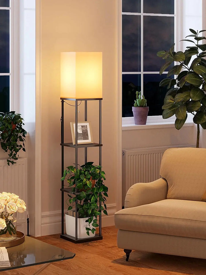 Floor Lamp with Shelves Modern Standing Shelf Lamp with 3 Color Temperature LED Bulb White Shade for Living Room Bedroom Office