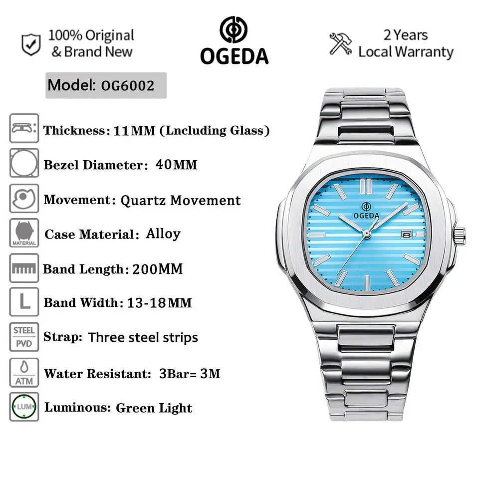 OGEDA 2024 new 40MM square men's quartz watch glass stainless steel waterproof 3Bar luminous C3 reloj hombre watches for men