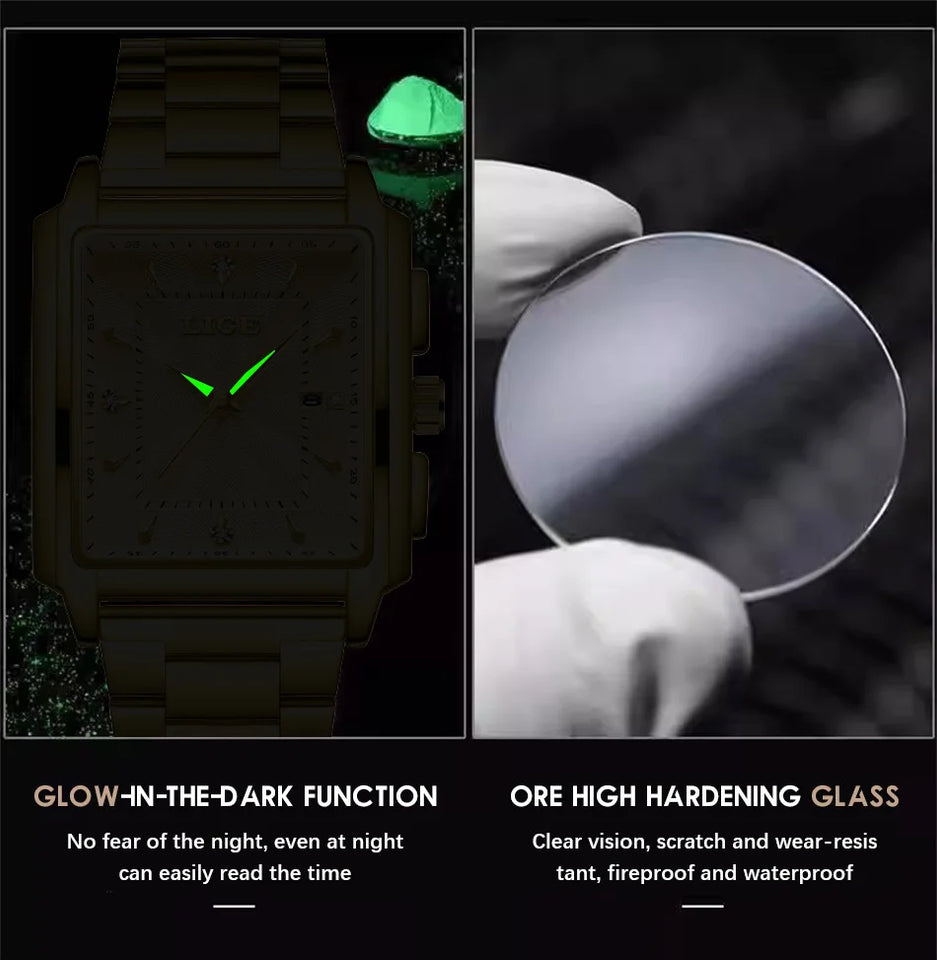 LIGE Fashion Business Watch Men Square Sport Waterproof Watches For Men Top Brand Luxury Military Quartz Chronograph Wristwatch