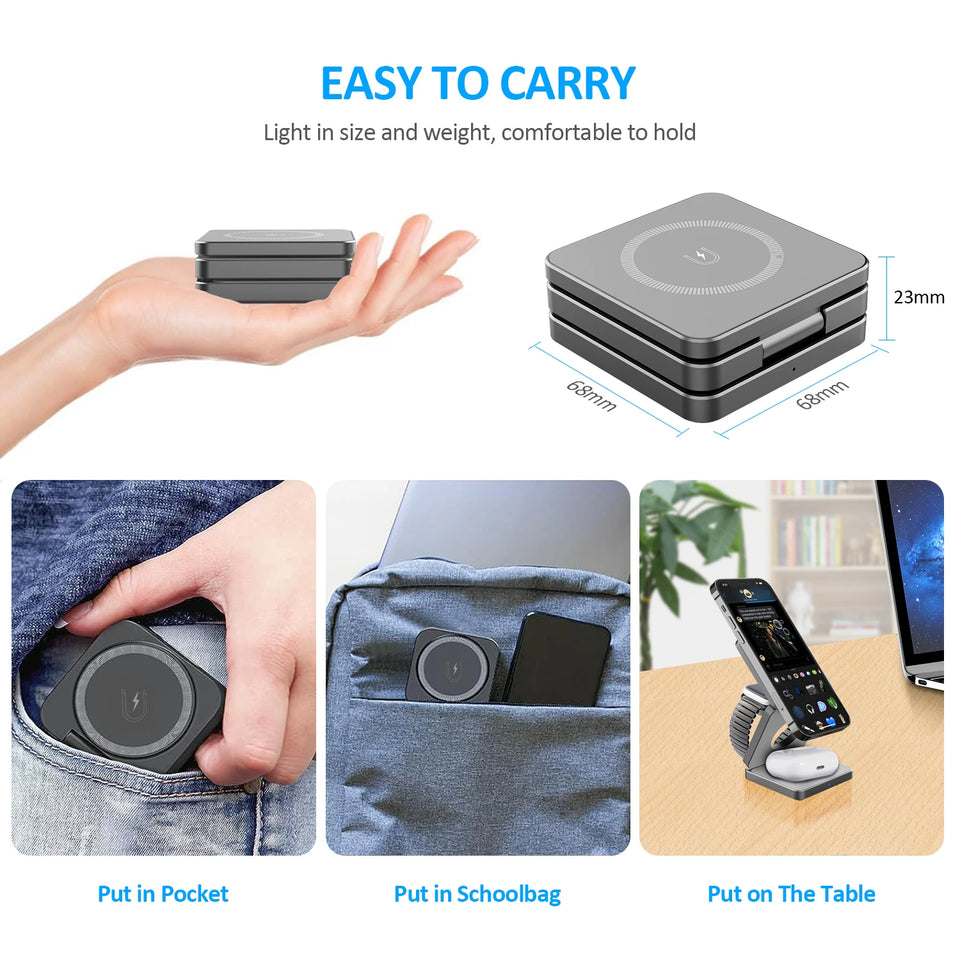 3 In 1 Foldable Magnetic Wireless Charger Stand For iPhone 16 15 14 13 Pro/Max/Plus AirPods 3/2 Station Dock Fast Charger Holder