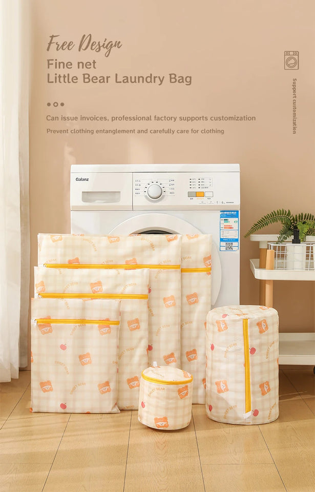 Cartoon Bear Laundry Bag Cute Print Washing Bag For Washing Machine Washroom Organize Dirty Clothes Storage Pouch Laundry Bags