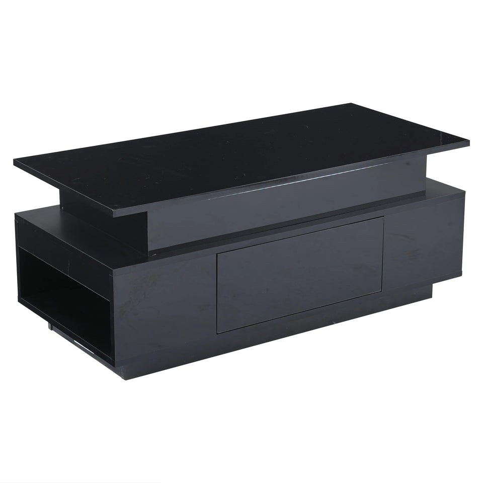 KOMHTOM Black height adjustable coffee table high gloss coffee table with hidden storage, drawer and LED lighting
