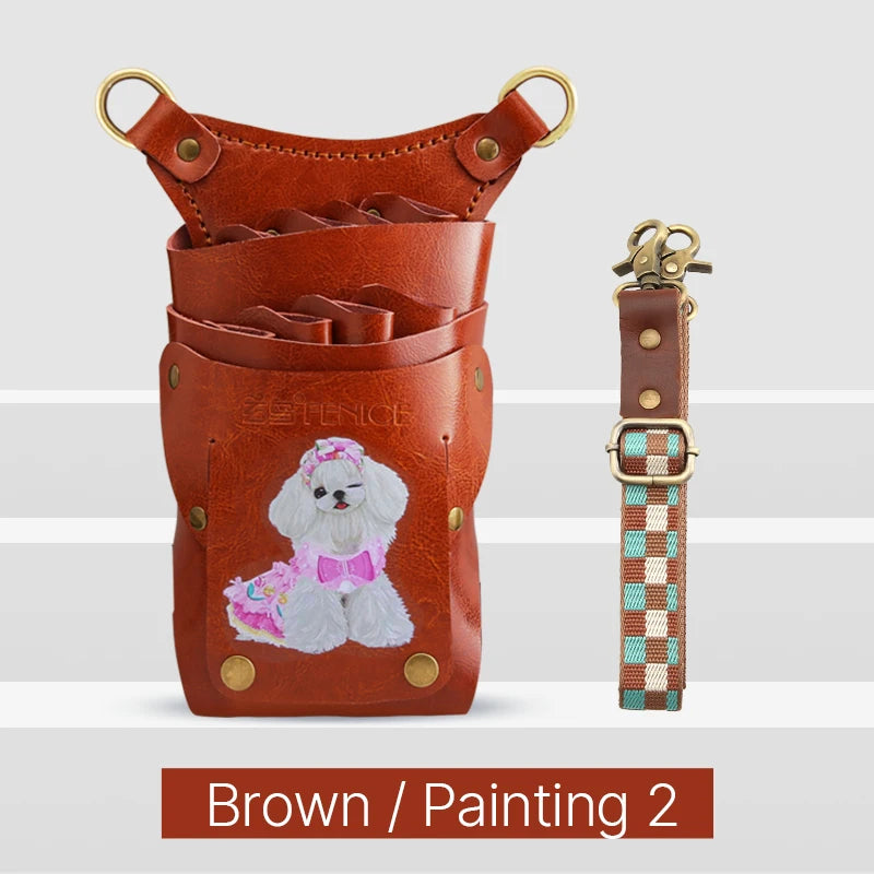 Fenice scissors storage bag,hold 8 scissors, 8 paintings, 6 colors cowhide,waist bag, pet beautician, barber's special waist bag