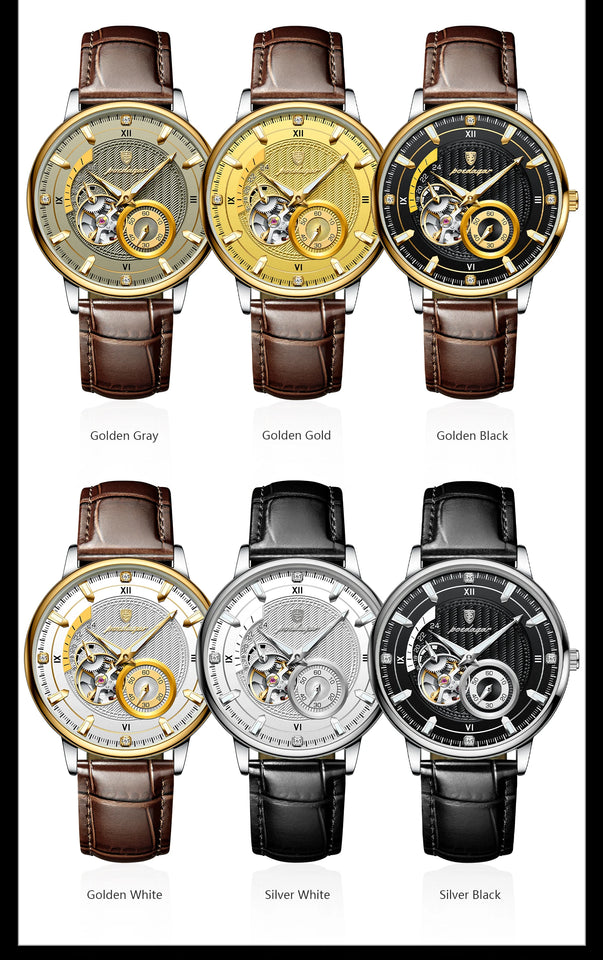 POEDAGAR Fashion Business Men Watch Waterproof Luminous Hollow Tourbillon Male Clock Automatic Mechanical Leather Men's Watches