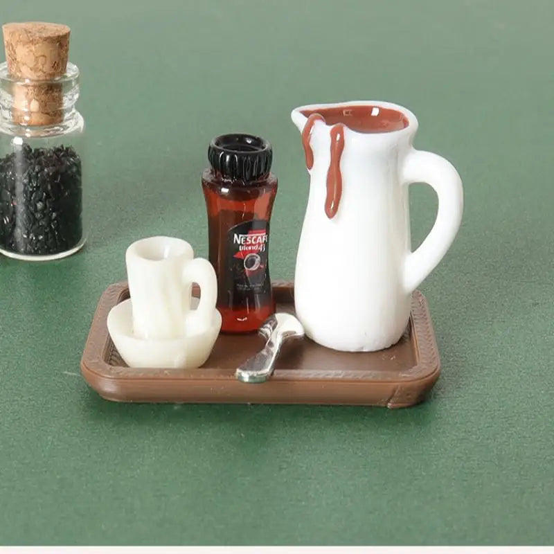 Handcrafted 7Pcs Miniature Dollhouse Coffee Cup Scene Model with Tray Plate, Perfect for Desktop Decoration