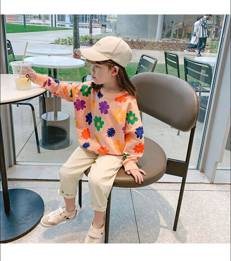 Spring Autumn Baby and Girls Sweet All-Over Flowers Sweatshirt School Kids Outfit Pullover Tops Child Workout Jumper 1-12 Years