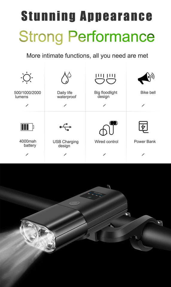 Bicycle Light 1000Lumen 4000mAh Bike Headlight Power Bank Flashlight Handlebar USB Charging MTB Road Cycling Highlight