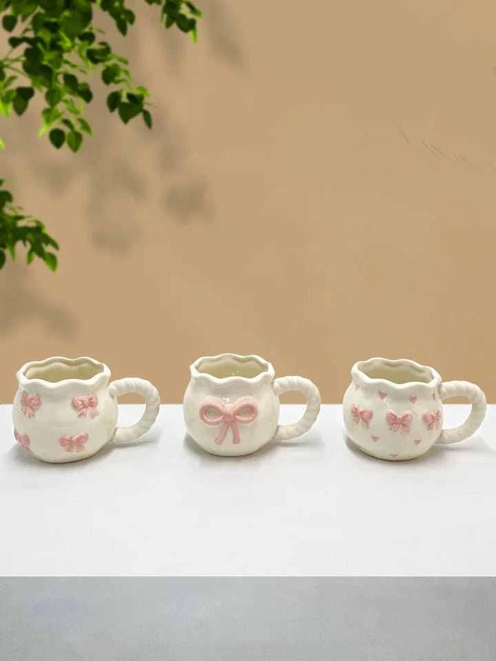 Bow Ceramic Coffee Cup Cute Handmade Ins Style Mug Drinking Water Afternoon Tea Gift Decoration Summer Dopamine Girlfriend Gift