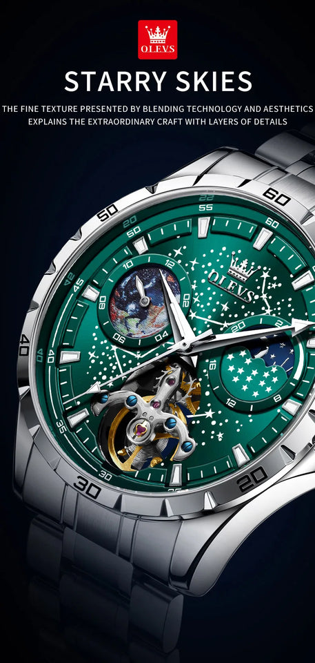 OLEVS 6689 Original Brand Men's Watches Starry Sky Disk Waterproof Luminous Automatic Mechanical Wristwatch Moon Phase Man Watch