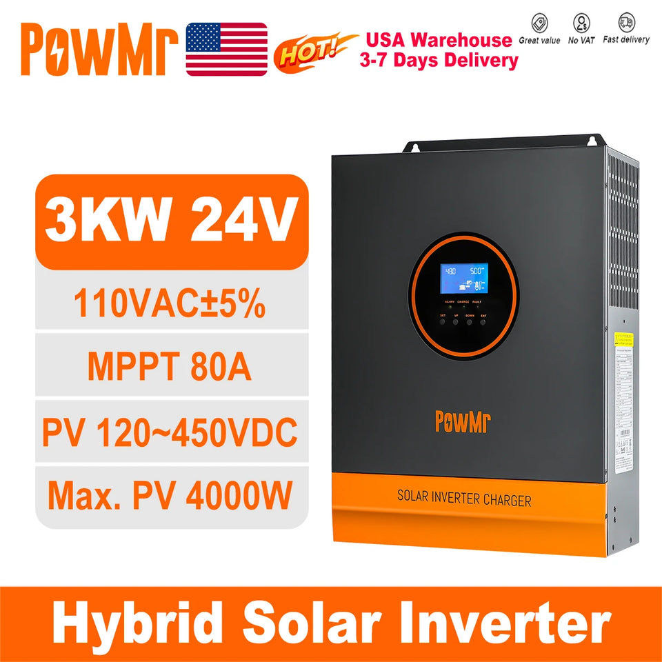 PowMr 3KW Hybrid Solar Inverters 24V to 110/120VAC Output With MPPT 80A Solar Charge Controller PV 120-450V Support WIFI Module