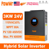 PowMr 3KW Hybrid Solar Inverters 24V to 110/120VAC Output With MPPT 80A Solar Charge Controller PV 120-450V Support WIFI Module