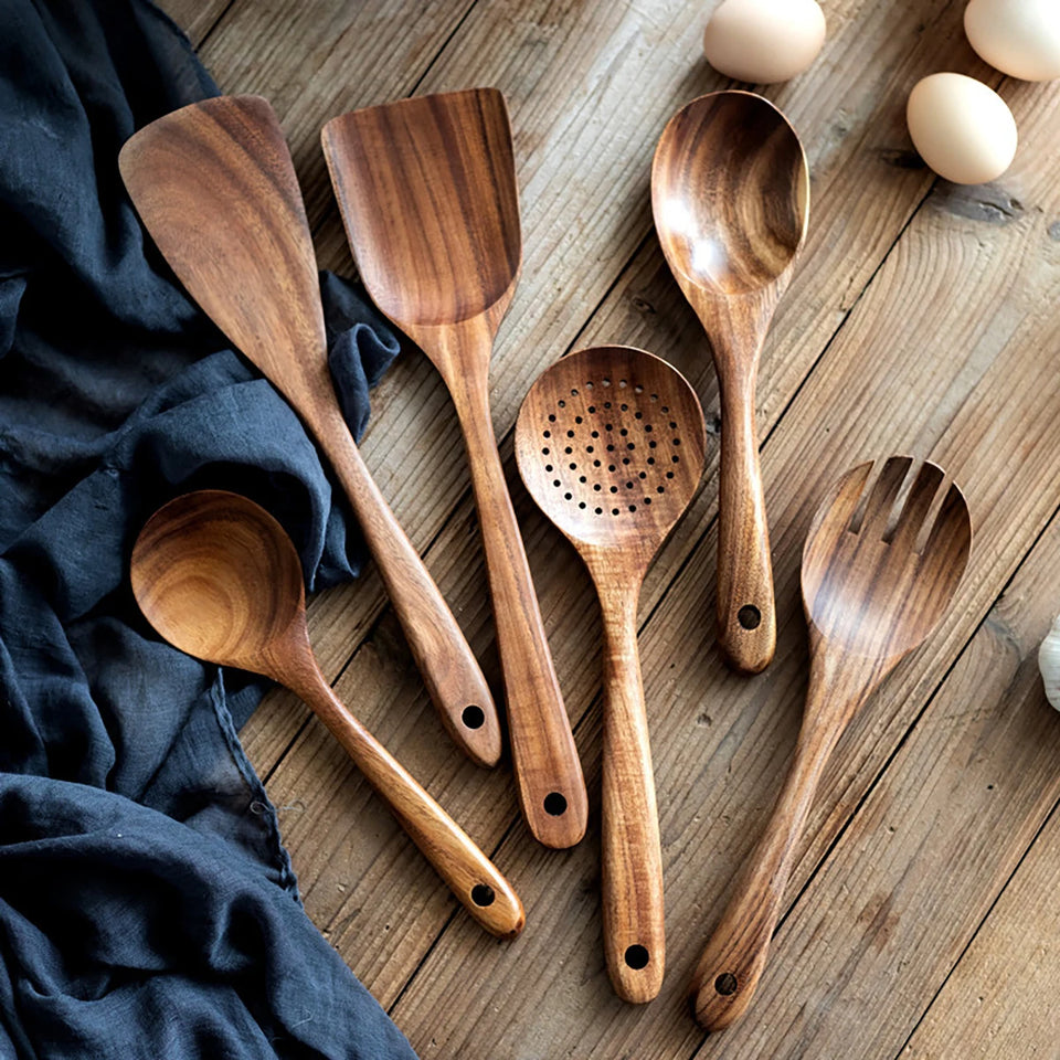 Wood Kitchenware Cooking Set Household Spatula Spoon Set Salad Spoon Fork Stirring Spoon Kitchen Baking Set With storage bucket