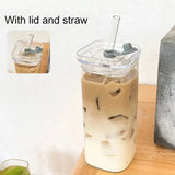 1Pcs Square Heat Resistant Coffee Glass Cup  With Lid and Straw Transparent Milk Tea Juice Cups For Home Bar Drinkware