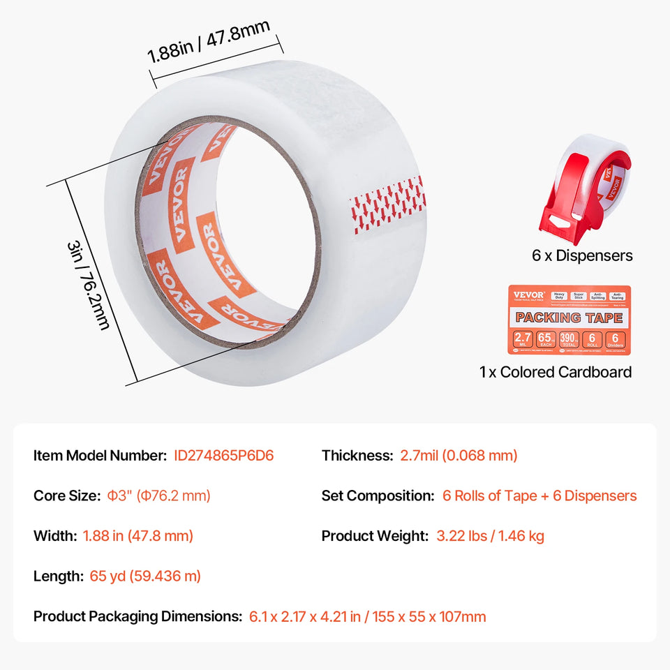 SucceBuy 6 Rolls 59M Transparent Tape BOPP Paper Packaging Sealing Tape with 6pcs Dispenser for Box Moving Packing, Shipping
