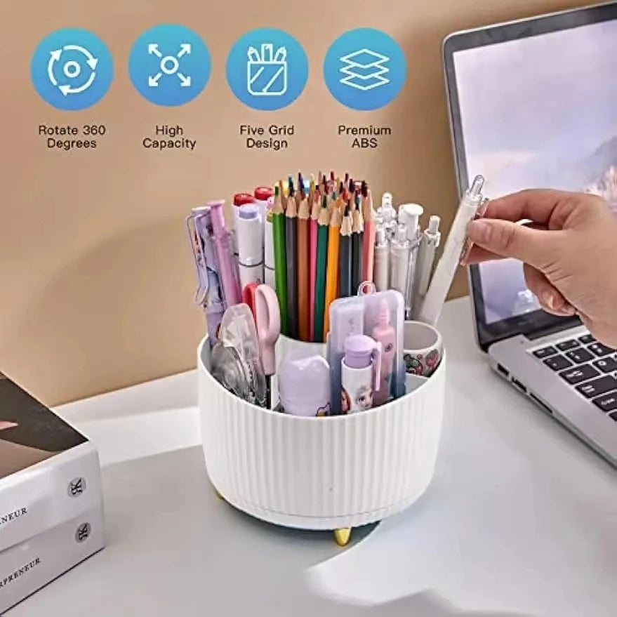 360 Degree Rotatable Pen Holder, 5 Slots Office Desk Organizer, Pencil Holder for Desk Multi-Functional Pencil Cup Desktop Stati