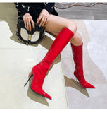 Knee-High Modern Boots Pointy Toe Women Shoes 13cm Ultra Thin Steel High Heels Metal Heel Calf Boots for Women Fun Shoes Size 46