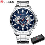 CURREN 8363 Casual Sport Chronograph Men's Watches Stainless Steel Band Wristwatch Big Dial Quartz Clock with Luminous Pointers