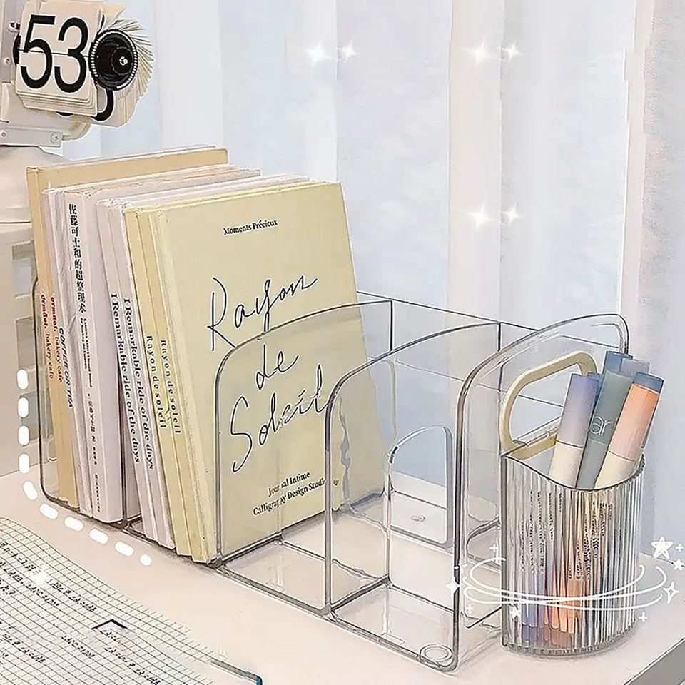 Convenient Clear Acrylic Bookends with Handle Desk Organizer Divided Book Stand Desktop Book Holder Student