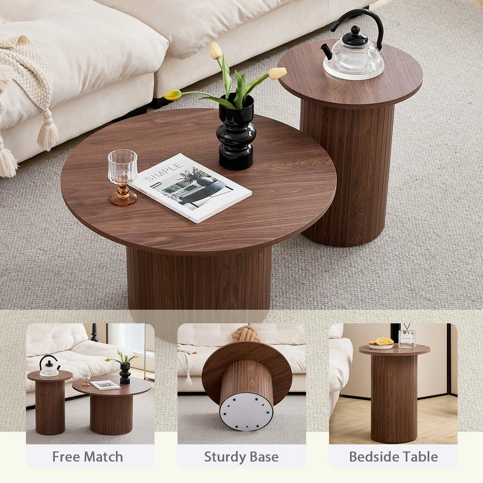 Set of 2 Nordic Style Wooden Round Coffee Table Set, Wooden Nesting Coffee Table, for Living Room/Bedroom Furniture