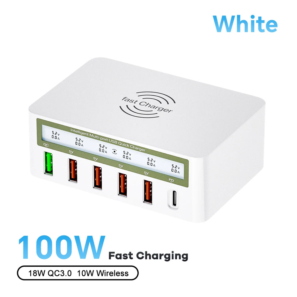 100W USB PD QC Charger Adapter Wireless Charger 6 Ports Fast Charging Station for IPhone 14 13 12 Pro Max IPad, Samsung Huawei